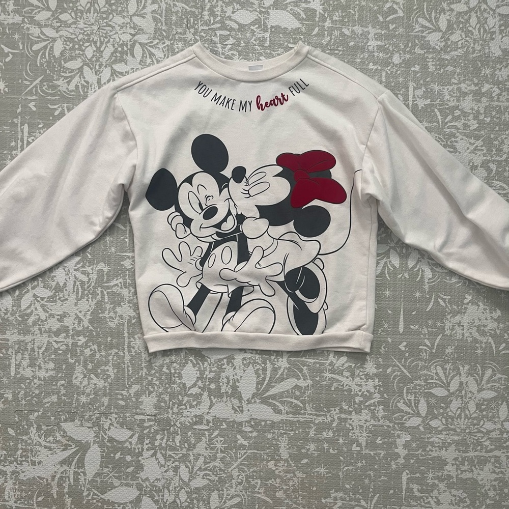 Disney White Kids Sweatshirt with Black Mickey & Minnie Graphic and Red Bow